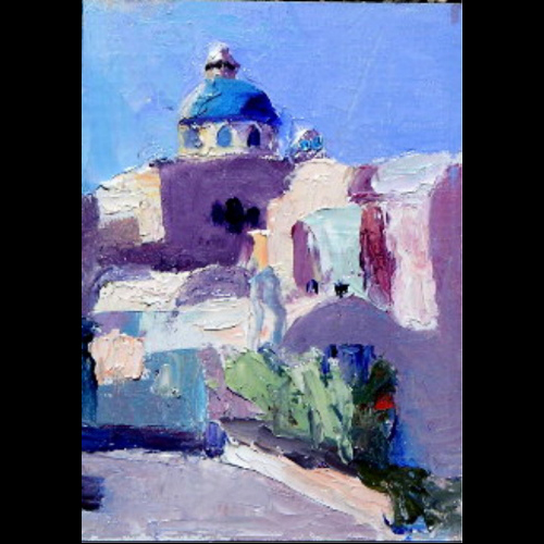 Painting of a white building in Santorini